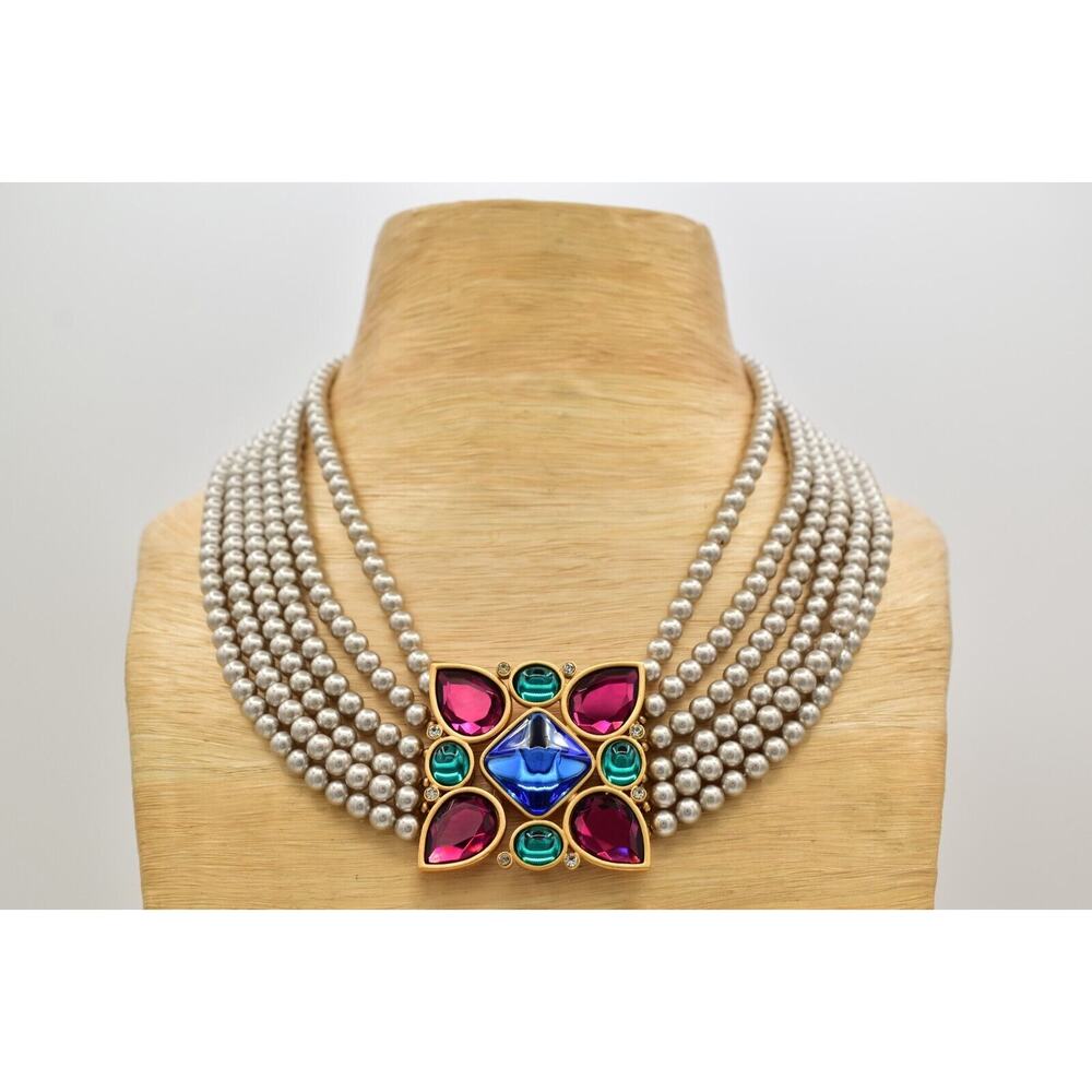 YSL Goosens Vintage Cabochon Necklace Collar Multi-Strand Crystal Signed BinBM - Picture 3 of 16